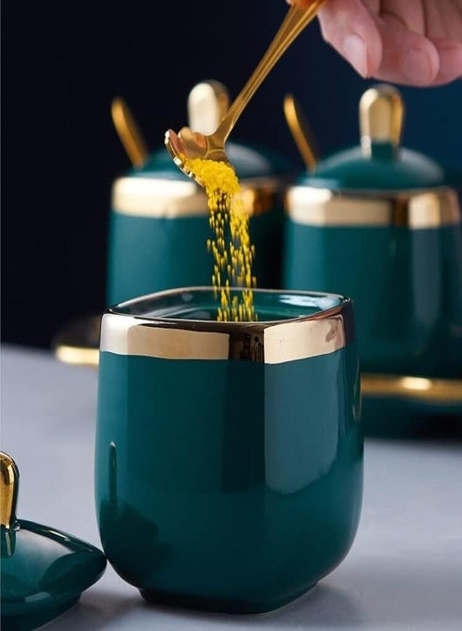 JRM 3Pcs Condiment Jar Condiment Seasoning Pot with Ceramic Tray, Serving Spoon and Lid for Tea Sugar Coffee Salt Pepper and Spices (Green) - Image 4